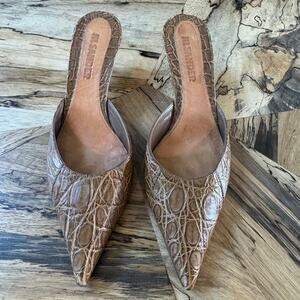 Jil Sander Vintage Croc Embossed Leather Mules Pointed Toe Kitten Heel Brown 39